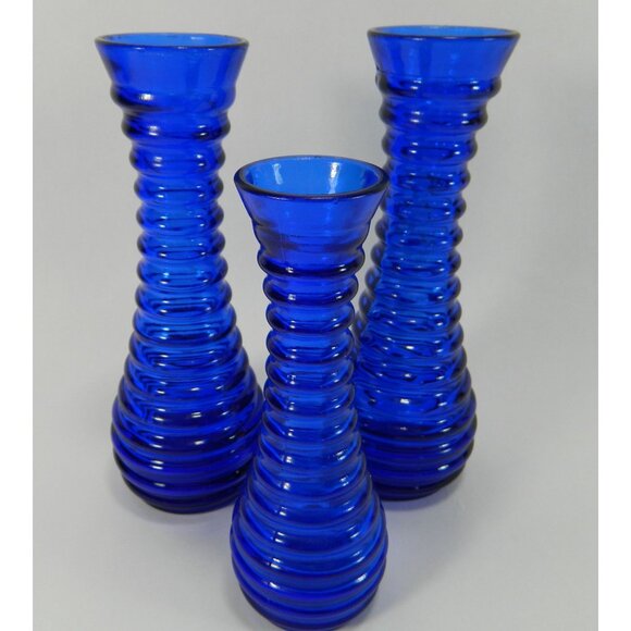Cobalt Blue Ribbed Glass Vases Depression Glass Beehive Bud Vases Set Of 3 - Picture 11 of 13